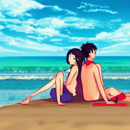 Prompt: an anime couple relaxing on the beach, advanced digital art