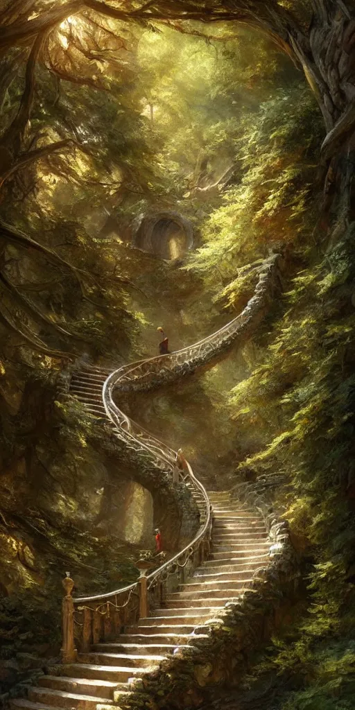 Image similar to a man walking up a steep and winding staircase, in beautiful woods, intricate, elegant, highly detailed, oil painting, artstation, concept art, sharp focus, beautiful illustration, society, by justin gerard and artgerm, 4 k