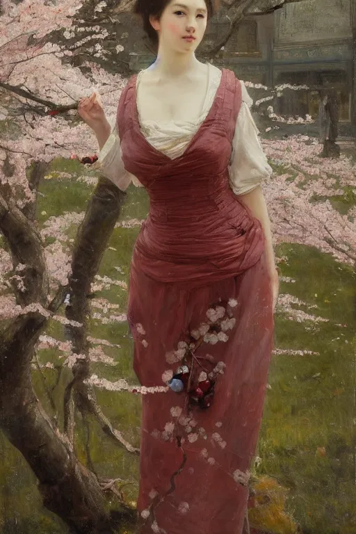 Image similar to Solomon Joseph Solomon and Richard Schmid and Jeremy Lipking victorian genre painting full length portrait painting of a young beautiful woman from japan with cherry blossoms and cherry trees