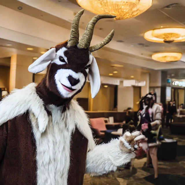 Prompt: a person wearing a fursuit of a goat fursona, fursona, furry convention, hotel lobby, indoors, photograph, furry fandom, photorealistic,