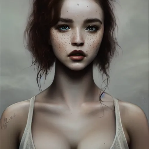 Image similar to tom bagshaw portrait, freckles beautiful mix of dove cameron madison beer bella poarch in a camisole and hotpant, short thin redhead, professionally retouched, focus eyes, ultra realistic soft painting, insanely detailed linework, symmetrical accurate intricate features, behance, 8 k, - signature