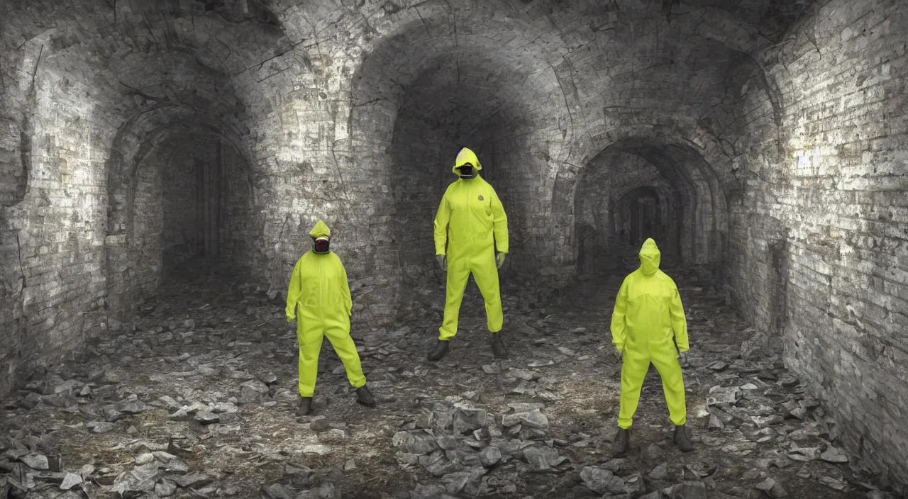 Image similar to a single man in hi viz hazmat suit wanders around a crumbling victorian london sewer, stunning render, high octane, 3 d, cinematic lighting