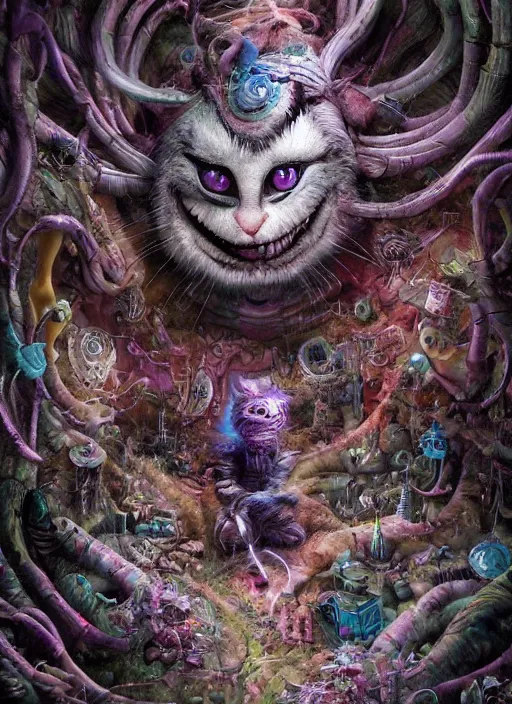 Image similar to cheshire cat, biopunk style, highly detailed, cinematic, 8 k, by megan duncanson, benjamin lacombe, adrian borda, stanley artgermm, tom bagshaw, craig mullins, carne griffiths, ayami kojima, beksinski, giger, trending on deviantart, hyper detailed, horror, full of colour