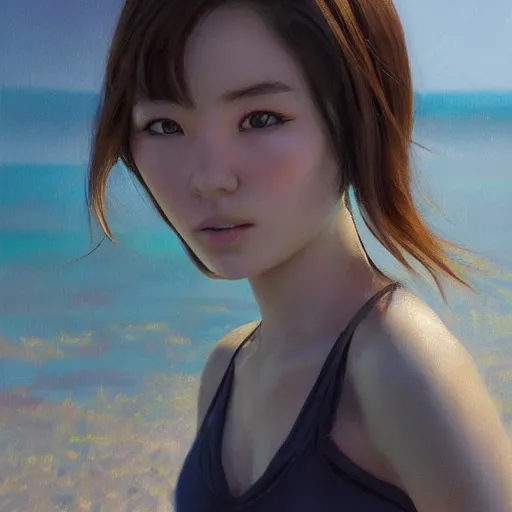 Prompt: oil painting by ilya kuvshinov,, baugh casey, artgerm craig mullins, coby whitmore, of a youthful japanese girl, long hair, fully clothed at the beach, highly detailed, breathtaking face, studio photography, noon, intense bounced light, water reflection, large tree casting shadow, serine intense sunlight in the style of zack snyder