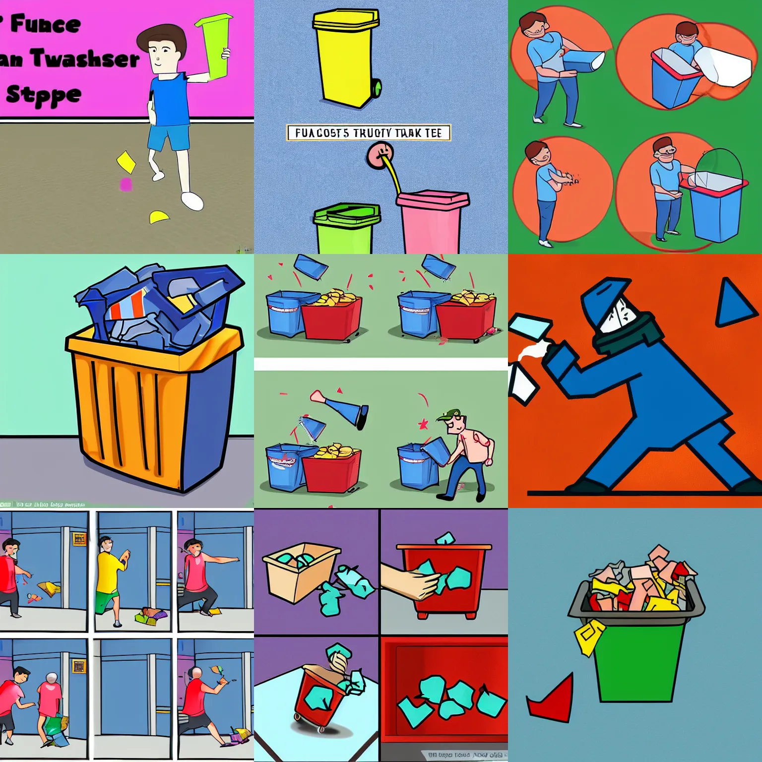 Prompt: figure throwing trash in container, step-by-step guide, how to, cartoon