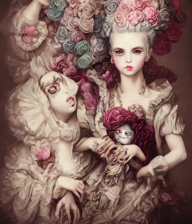 Prompt: pop surrealism, lowbrow art, realistic marie antoinette girl painting, japanese street fashion, hyper realism, muted colours, rococo, natalie shau, loreta lux, tom bagshaw, mark ryden, trevor brown style