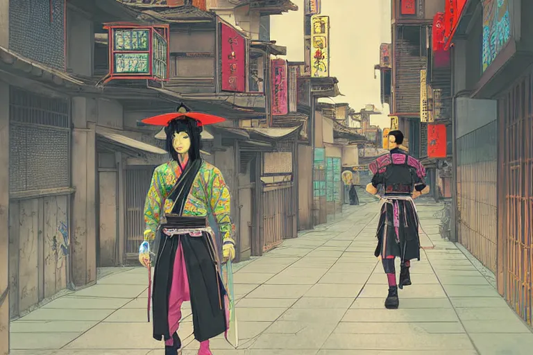 Image similar to neon japanese samurai walking in the streets of modern tokyo, illustration painting, intricate, detailed illustration, hd, digital art, overdetailed art, concept art, complementing colors, detailed, illustration painting by leonardo da vinci, digital art, overdetailed art, concept art, complementing colors rendered by beeple, syd meade,