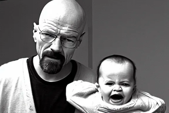 Image similar to walter white holding a baby and screaming at it