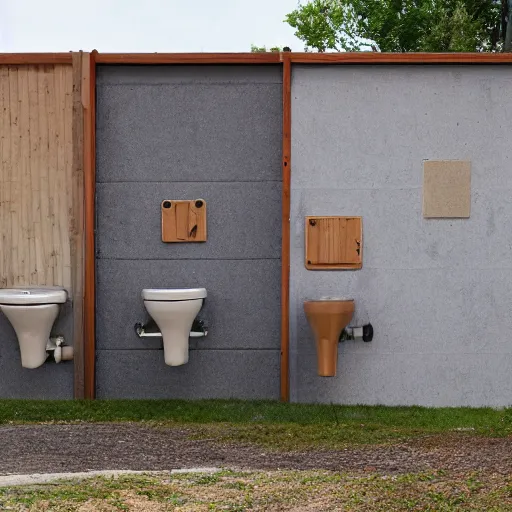 Prompt: three time-traveling toilets in wood chips, against cinder block wall,