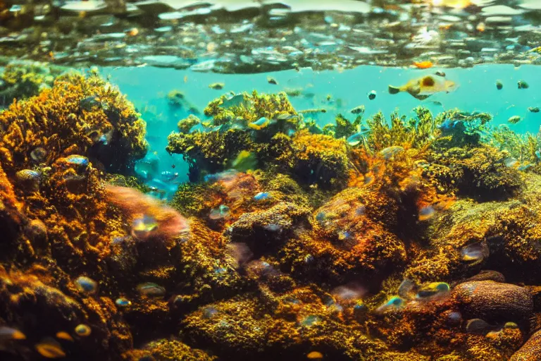 Prompt: ultra realistic underwater photography, panoramic picture of a river with a big number of large, brightly colourful fish. lots of bubbles, little seaweed and some rocks. gloomy scattered light entering from the water surface, artstation, 8 k