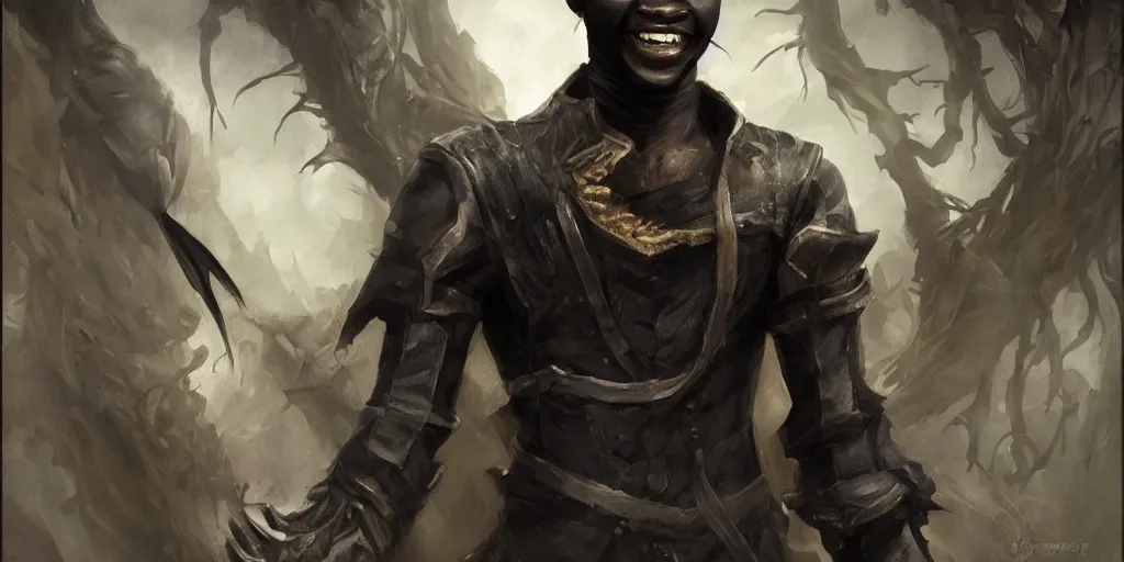 Image similar to a slender rogue black man with a sad smile, barroque painting, ultra realistic. cinematic, dynamic. magic the gathering style. epic fantasy, insanely detailed, 4k, symmetrical face, rpg character reference. gourgeous.