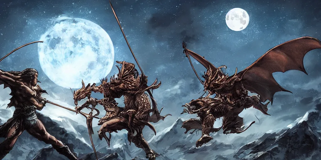 Prompt: archer. dragon. night sky. moon. mountain. dark fantasy. high resolution. epic fight. detailed. digital art. artstation. by kentaro miura