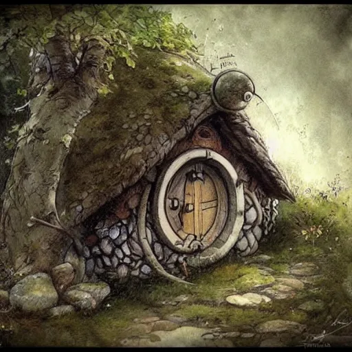 Image similar to hobbit house. muted colors. by Jean-Baptiste Monge style of Jean-Baptiste Monge painted by Jean-Baptiste Monge in art book of Jean-Baptiste Monge,