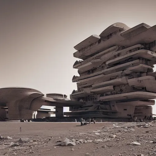 Image similar to year - 2 0 8 0 photo of : a vast retro - futuristic brutalist building on mars, surrounded by citizens in space - suits walking or driving buggies. professional architectural photography.