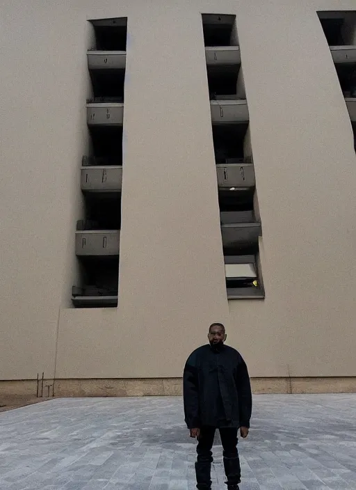 Prompt: Kanye West standing in front of the building of Huta Katowice, iPhone photo