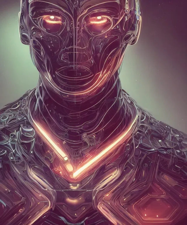 Image similar to a man turning into an Android portrait wearing a part cybernetic body, surrealism , scifi, intricate, elegant, sharp eyebrows, highly detailed cybernetic body, neon glowing eyes, digital painting, artstation, concept art, smooth, sharp focus, illustration, art by Artgerm and moebius and Peter Mohrbacher