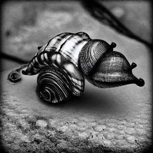 Prompt: goth snail, black and white, realistic, highly detailed, trending on artstation