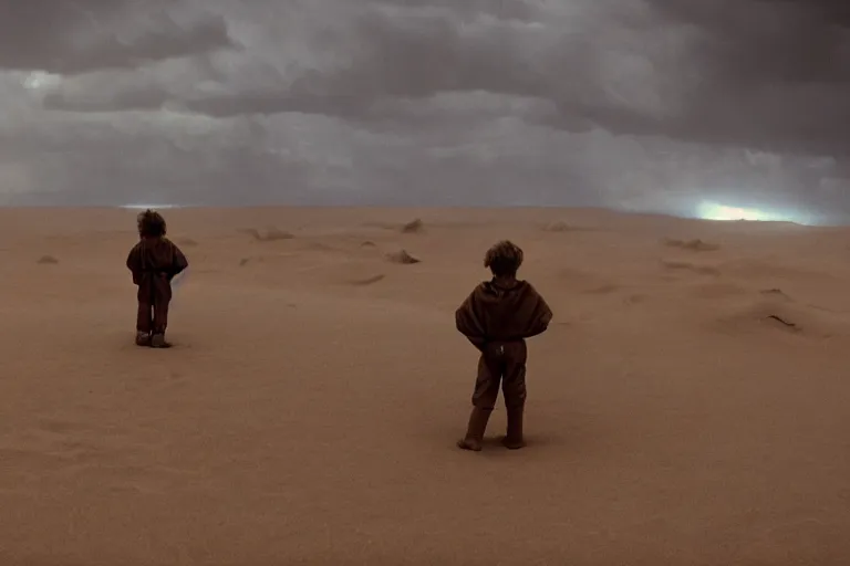 Prompt: a cinematic wide angle shot of a boy in the movie dune, stormy weather, dry, film still, cinematic, movie still, dramatic lighting, by zack snyder