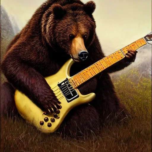 Image similar to Realistic brown bear playing (Albert King, Jimi Hendrix, Lenny Kravitz, Michael Schenker, Rudolph Schenker, Michael Weikath)'s guitar, by Antonio Caparo and Ferdinand Knab and Greg Rutkowski UHD photorealistic trending on artstation