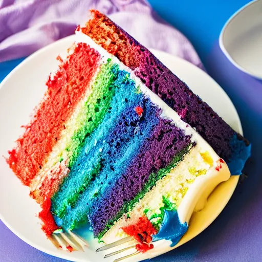 Prompt: professional food photography of rainbow cake with blue icing on top