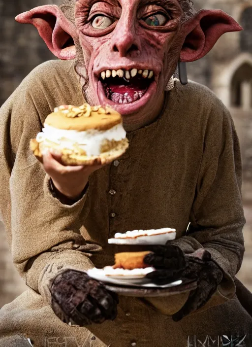 Image similar to closeup portrait of a medieval goblin eating cakes in the cloisters, depth of field, zeiss lens, detailed, symmetrical, centered, fashion photoshoot, by annie leibovitz and steve mccurry, david lazar, jimmy nelsson, breathtaking, 8 k resolution, extremely detailed, beautiful, establishing shot, artistic, hyperrealistic, beautiful face, octane render