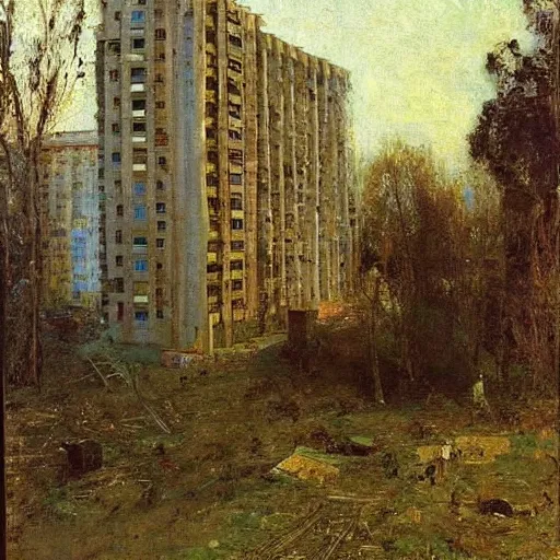 Image similar to a wonderously complicated painting of an abandoned russian brutalist appartment being retaken by nature by ilya repin