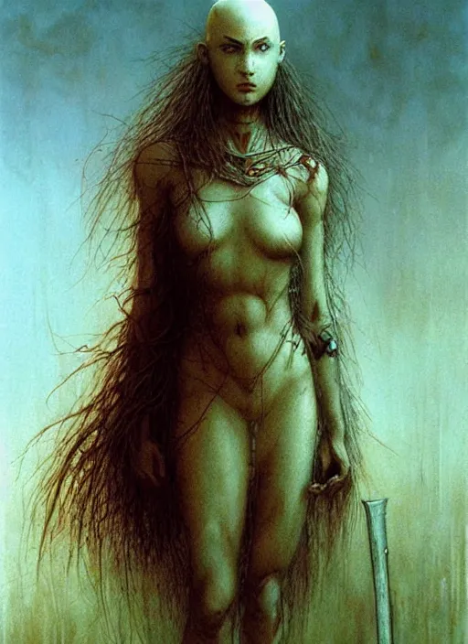 Image similar to bald barbarian teen girl by Beksinski and Luis Royo