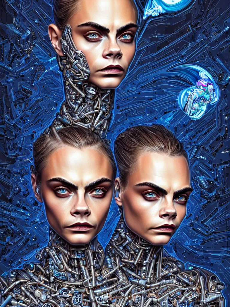 Prompt: Portrait of Cara Delevingne wearing epic bionic cyborg implants by Dan Mumford and Naoto Hattori, extremely beautiful and proportionate face, in the aesthetic of mert and marcus, masterpiece, intricate, elegant wardrobe, highly detailed, digital painting, artstation, concept art, crepuscular rays, smooth, sharp focus, illustration, background is made of stars, neon cyberpunk vibrant colors, volumetric lighting, art by artgerm and james jean and Nick Sullo
