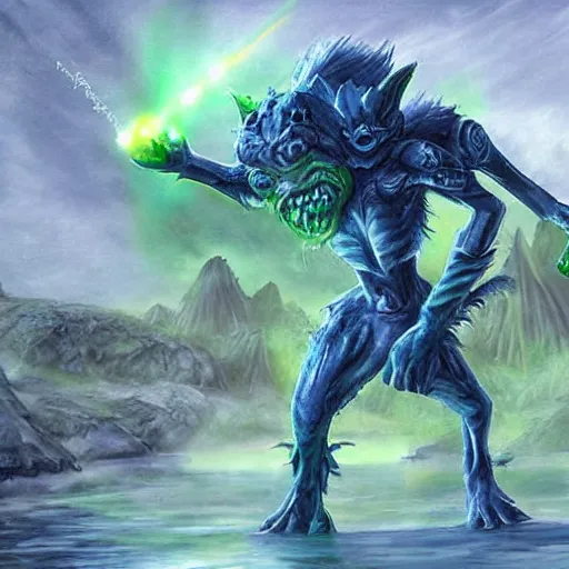 Prompt: a highly detailed goblin with blue skin and green eyes that glow, like magic the gathering, goblin chainwalker, with water in the background, digital art, by christopher rush