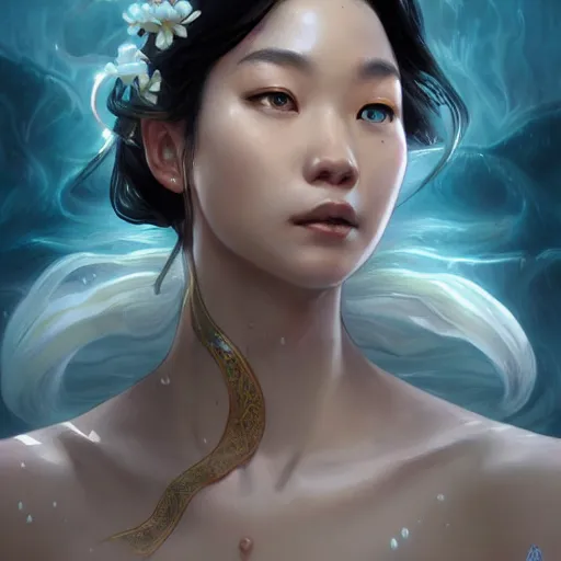 Prompt: Asian female water elemental, lifelike, portrait, highly detailed, digital painting, artstation, concept art, sharp focus, illustration, cinematic lighting, art by artgerm and greg rutkowski and alphonse mucha