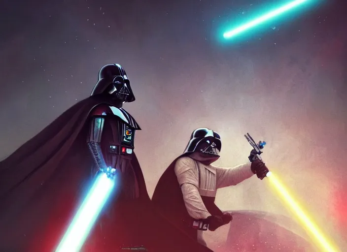 Image similar to a Photorealistic dramatic hyperrealistic render of darth vader with lightsaber drawn facing off against a calm cute corgi in battle, futuristic star wars vibe, by WLOP and Artgerm and Greg Rutkowski and Alphonse Mucha, Beautiful dynamic dramatic dark moody lighting, shadows, cinematic atmosphere, Artstation, concept design art, Octane render, 8K, masterpiece, sharp focus