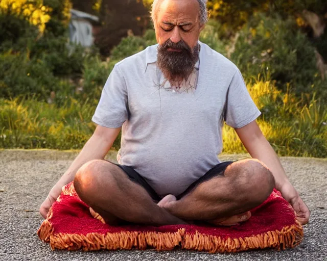 Prompt: mr robert smoke weed and meditate using his feet, he has dark grey hairs, detailed glad face, chest legs, visible belly, happy toes, golden hour closeup photo, red elegant shirt, eyes wide open, ymmm and that smell