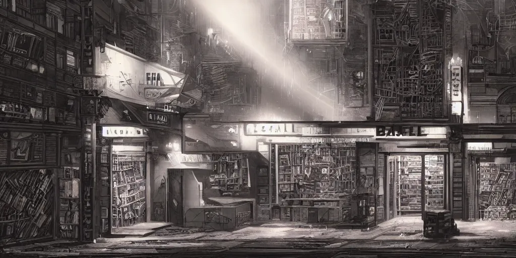 Prompt: cinematic shot of the facade of an old bookstore called babel in a dark alley, dystopian future, neon lights, sci - fi, night lights, haze, concept art, intricate, in the style of katsuhiro otomo, akira, unreal engine