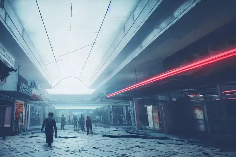 Prompt: low angle photo of a abandoned cyberpunk shopping mall with humans floating, moon gravity, cinematic lightning, ray tracing, unreal engine, photorealistic, detailed, dark, moody, foggy, scary