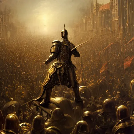 Image similar to artstation concept of a man in armor standing in a crowd gettig cheered, man with arms wide open, bright colorful, gold, hyperdetailed, artstation trending, world renowned artists, worth 1 0 0 0. com, historic artworks society, antique renewel, cgsociety, by greg rutkowski, by gustave dore, deviantart