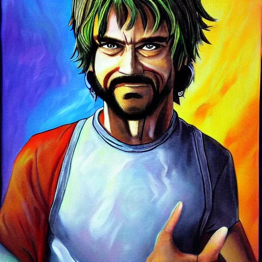 Image similar to shaggy as the most powerful human being on earth, epic painting