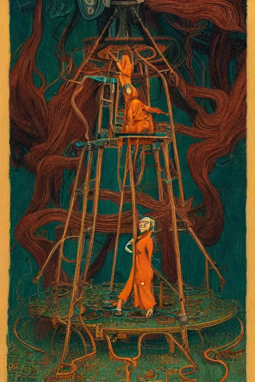 Image similar to realistic portrait of an engineer woman fixing the samsara holy cluster, fine portrait, concept art, stunning, in the style of brecht evens and jean delville