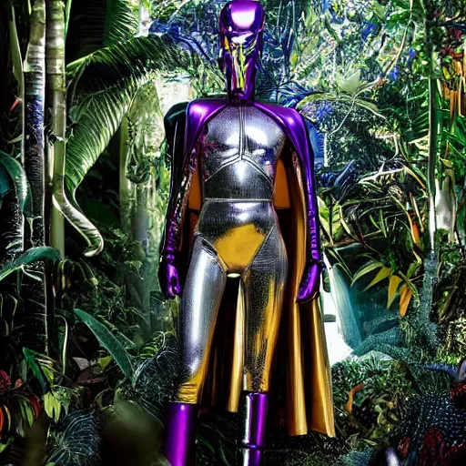 Image similar to conde nast traveler photo, inside a futuristic detailed alien jungle made out of shiny reflective chrome, futuristic android with limbs made out of stretchy rubber tubing mixed with shiny colorful giant intricate detailed chrome gauntlets and chest piece and luchador mask, wearing a long purple velvet cape, fog and mist