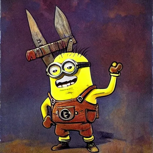 Prompt: a minion in the style of a barbarian, made by Frank Frazetta,