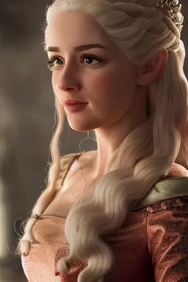 Image similar to very very intricate photorealistic photo of a realistic human version of princess peach in an episode of game of thrones, photo is in focus with detailed atmospheric lighting, award - winning details