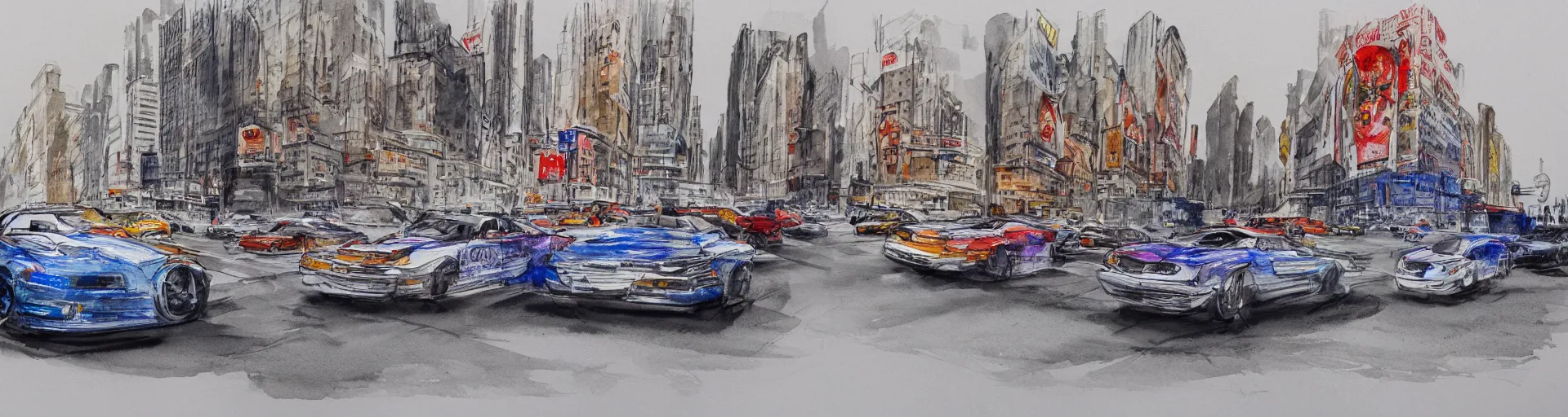 Prompt: a detailed watercolor sketch of cars racing in new york city