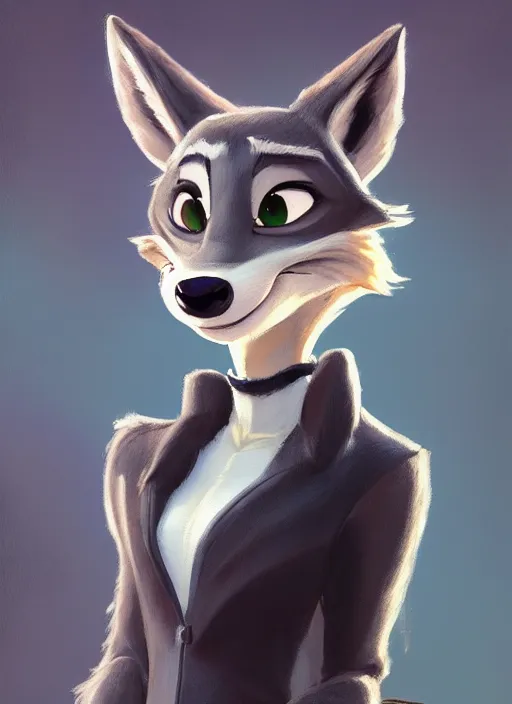 Image similar to oil painting of detailed full body of anthromorphic female wolf, in style of zootopia, zootopia, zootopia, fursona, furry, furaffinity, 4 k, deviantart, furry art, fursona art, wearing black business suit, business suit, in style of zootopia, wolf fursona, cyberpunk, female, expressive detailed feminine face,