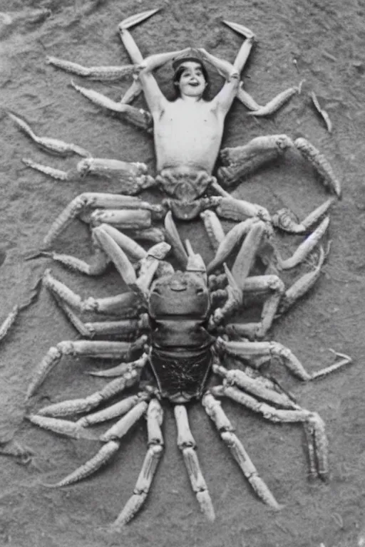 Image similar to a vintage photo of a human crab hybrid