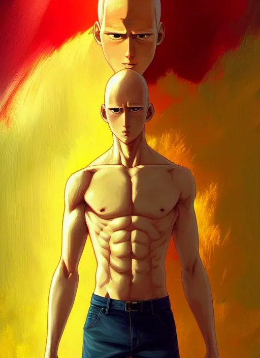 Image similar to handsome saitama, half body shot, path traced, red and yellow, highly detailed, high quality, digital painting, alena aenami, lilia alvarado, shinji aramaki, karol bak, alphonse mucha, tom bagshaw