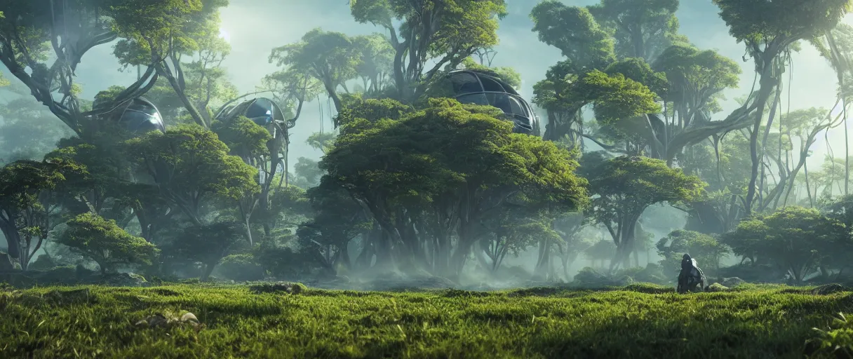 Image similar to ' cercular space colonie rotating near avatar like landscape, high - tech space cult with trees and plants and alien flowers, dramatic lighting, epic, octane render, volumetric light, unreal engine, artbreeder, 8 k, background, scene, digital, artwork, high quality, 8 k''