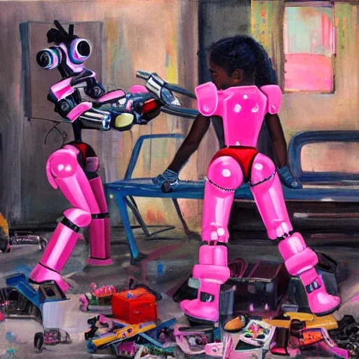 Prompt: a wide lens shot of black girls building a super cute pink mecha robot out of junk in the cyberpunk ghetto by justin bua, oil on canvas, hyperrealistic