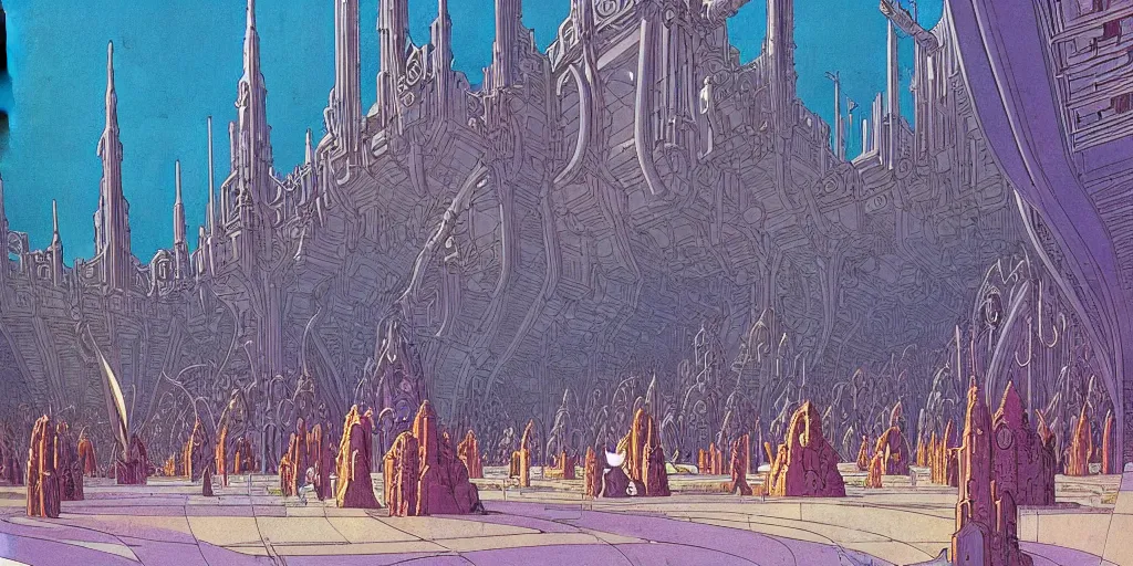 Image similar to cel shaded matte illustration, cinematic shot of the interior of a sci - fi space station with ornate elven architecture bustling with people, epic castle, emerald, crystalline, detailed illustration, sharp focus, crisp lines, art by moebius!!!, jean giraud moebius!!! comic illustration