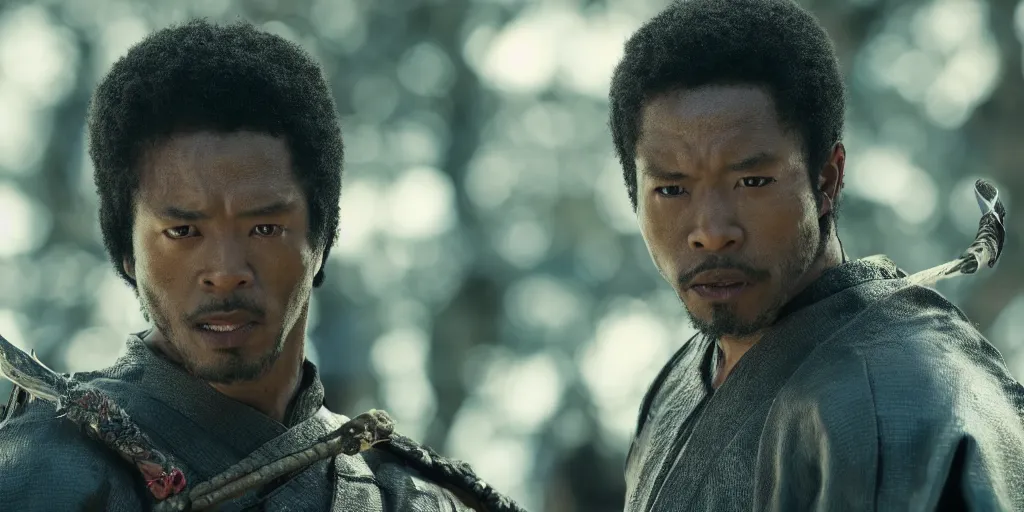Image similar to a film still of a black man starring in a japanese blockbuster film as samurai on fire, shallow depth of field, cinematic, award winning cgi, vfx, film still