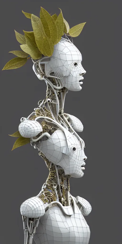 Image similar to complex 3d render ultra detailed of a beautiful porcelain profile woman face, mechanical vegetal cyborg, robotic parts, 150 mm, beautiful studio soft light, 3 point lighting, spot light, rim light, silver gold red details, luxurious, high tech gadget, cyberpunk, magnolia big filigran leaves and stems, roots, Alexander Mcqueen haute couture, fine foliage lace, mesh wire, filigran metallic intricate details, hyperrealistic, mandelbrot fractal, anatomical, silver metal armor, facial muscles, cable electric wires, microchip, elegant, white background, beautiful white teeth, octane render, H.R. Giger style, 8k