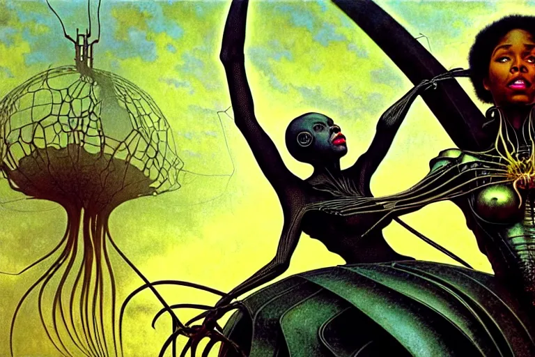 Image similar to realistic detailed photorealistic closeup portrait movie shot of a beautiful black woman riding a giant spider, dystopian city landscape background by denis villeneuve, amano, yves tanguy, alphonse mucha, ernst haeckel, jean delville, david lynch, edward robert hughes, roger dean, cyber necklace, rich moody colours, cyber patterns, wide angle